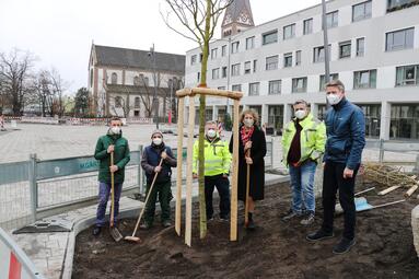 Bürgermeisterin Prezell mit Mitarbeitern vor einem neu gepflanzten Baum am Taunusplatz