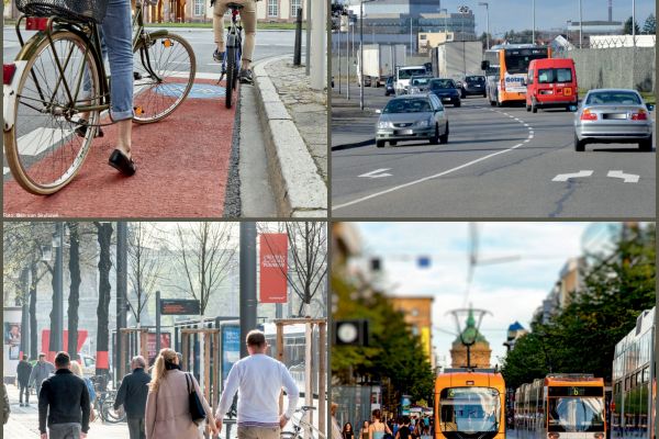 vier Fotos mit Radfahrern, Autos, Fußgängern und Straßenbahn